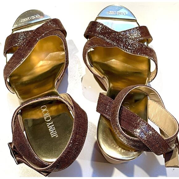 Jimmy Choo Papyrus Gold Copper Shimmer Leather Cork Wedge Sandals Ankle 38.5 - Picture 2 of 12